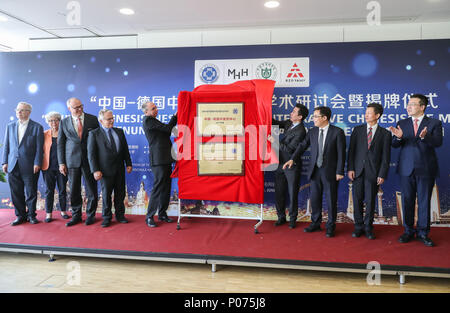 Hanover, Germany. 8th June, 2018. Guests unveil the nameplate of the German-Chinese Center for Integrative Chinese Medicine during the opening ceremony in Hanover, Germany, on June 8, 2018. The German-Chinese Center for Integrative Chinese Medicine opened Friday in Hanover, Germany, aiming to promote the integrative use of Traditional Chinese medicine (TCM) and modern medicine. Credit: Shan Yuqi/Xinhua/Alamy Live News Stock Photo