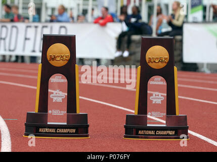 June 9, 2018. The coveted National Championship Team trophies on display at the 2018 NCAA rack & Field Championships at Historic Hayward Field, Eugene, OR. Larry C. Lawson/CSM Stock Photo