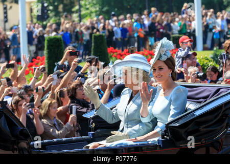 The Mall, London, UK, 9th June 2018. Catherine, Duchess of Cambridge and Camilla, Duchess of Cornwall in their carriage. The Sovereign's birthday is officially celebrated by the ceremony of Trooping the Colour, the Queen's Birthday Parade. Troops from the  Household Division, overall 1400 officers and soldiers are on parade, together with two hundred horses; over four hundred musicians from ten bands and corps of drums. The parade route extends from Buckingham Palace along The Mall to Horse Guards Parade, Whitehall and back again. Stock Photo
