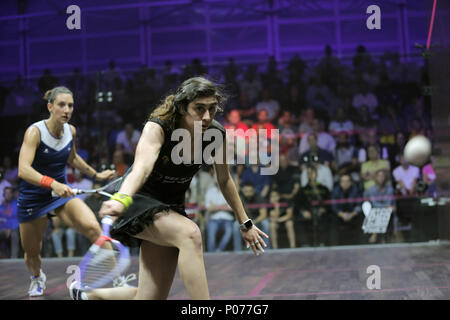 Dubai, United Arab Emirates. 8th June, 2018. Nour El Sherbini (R) of Egypt competes with Camille Serme of France during the women's semifinal match at Dubai World Series Finals squash tournament in Dubai, United Arab Emirates, June 8, 2018. Credit: Mahmoud Khaled/Xinhua/Alamy Live News Stock Photo