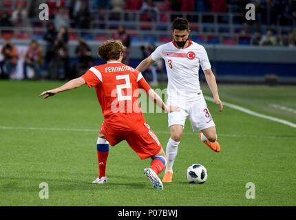 Moscow, Russia - June 5, 2018. Turkish wingback Hasan Ali Kaldirim and Russian defender Mario Fernandes during international friendly against Russia a Stock Photo