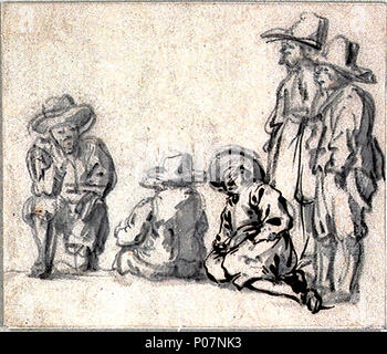 .  English: A group of five men The study shows five men, one crouching, two seated on the slightly raised ground and two standing on the right. The artist has reinforced the outline of one of the seated figures in ink. The unsigned drawing has been tentatively attributed to Willem van de Velde, the Elder, and dated to 1655, when the artist was particularly busy with grisailles, in which he introduced groups of people in the foreground. A group of five men  . circa 1655. Willem Van de Velde, the Elder 111 A group of five men RMG PV5193 Stock Photo