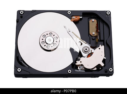 Real open hard drive isolated on white background. Stock Photo
