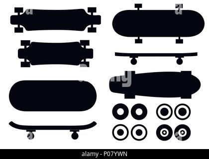 Black silhouette. Collection of skateboard. Flat vector icon. Skateboard different sides illustration. Cartoon vector illustration isolated on white b Stock Vector