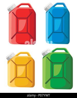 Set of fuel canister icon. Fuel container jerrycan. Colorful gasoline canister. Flat design style. Vector illustration isolated on white background. Stock Vector