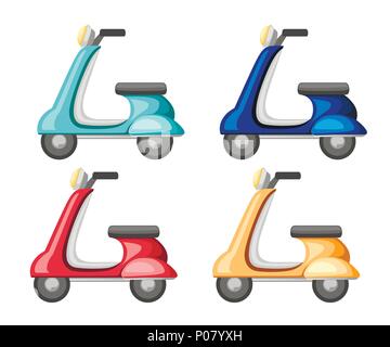 Set of retro scooter. Flat vector icon. Old transport illustration. Cartoon vector illustration isolated on white background. Stock Vector