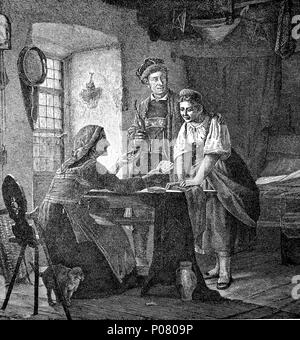 the sybil in the village, an oracle, Bei der Dorfsybille, Prophetin, digital improved reproduction of an original print from the year 1881 Stock Photo