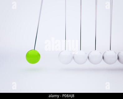 Newton's cradle physics concept background for cause and effect. Green ball in motion 3d render. Stock Photo