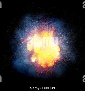 Realistic bright fiery explosion, orange color with sparks and smoke isolated on black background Stock Photo