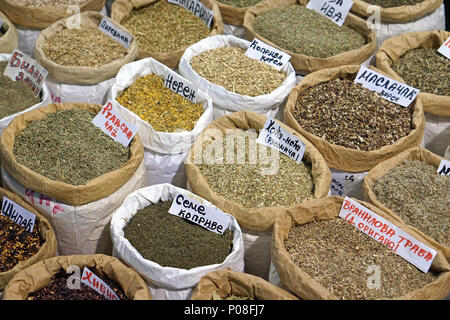 Natural tea and herbs in bulk sacks Stock Photo
