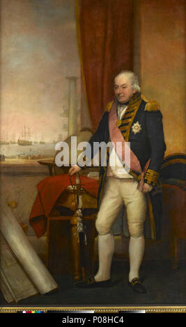 .  English: Admiral John Jervis, 1735-1823, 1st Earl of St Vincent A full-length portrait to left in admiral's full-dress uniform, 1795-1812, wearing the ribbon and Star of the Bath and the St Vincent medal. Jervis's right hand rests on his sheathed sword in front of him. Behind him is a large gilded table, covered with a red cloth, bearing on the right his hat and telescope and, on the left, an inscribed letter. To the left of this is a chair with a large rolled map leaning against it, and beyond a large terrestrial globe. Through a large window on the left, ships of the British fleet in Lisb Stock Photo