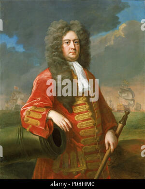 .  English: Admiral Sir George Rooke, c. 1650-1709 A three-quarter-length portrait to the right of Admiral Sir George Rooke, Admiral of the Fleet. He wears a gold-braided red cloth coat with wide sleeves, grey-brown full-bottomed wig and a white neck-cloth. His right arm rests on the muzzle of a cannon and he holds a telescope in his left hand. Behind him in both the right and left backgrounds, is a depiction of the Battle of Malaga, 1704. Admiral Rooke's flagship, the 'Royal Katharine' with the Union flag at the main, is seen in port-quarter view, engaging the 'Foudroyant', which was the flag Stock Photo