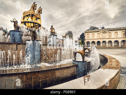 Kolkhida Fountain with golden horse statues on the central square of Kutaisi, Georgia, Europe. Stock Photo