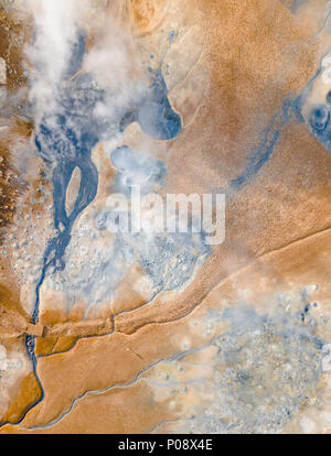 Aerial view, steaming river and fumaroles, geothermal area Hverarönd, also Hverir or Namaskard, North Iceland, Iceland Stock Photo