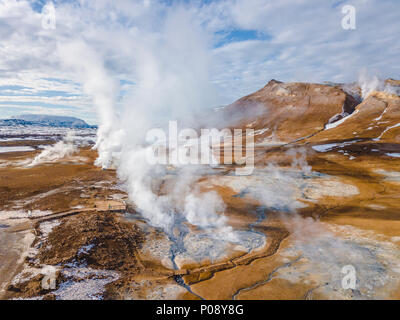 Aerial view, steaming river and fumaroles, geothermal area Hverarönd, also Hverir or Namaskard, North Iceland, Iceland Stock Photo