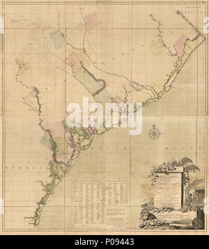 . English: Scale ca. 1:310,000. Relief shown by hachures. Hand colored. 'To the Right Honourable George Dunk, Earl of Halifax ... ' Includes indexes of propietors of land in South Carolina and Georgia. LC Maps of North America, 1750-1789, 1517 Available also through the Library of Congress Web site as a raster image. Vault AACR2: 100; 651/1; 651/2; 651/3; 651/4; 650/5; 650/6; 700/1; 700/2  . A map of South Carolina and a part of Georgia. Containing the whole sea-coast; all the islands, inlets, rivers, creeks, parishes, townships, boroughs, roads, and bridges; as also, several plantations, with Stock Photo