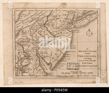 . English: Scale ca. 1:1,625,000. Relief shown pictorially. LC Maps of North America, 1750-1789 1041 'West longitude from London.' From the Gentleman's magazine, v. 46, 1776. Available also through the Library of Congress Web site as a raster image. Vault 2 copies AACR2  . A Map of the country round Philadelphia including part of New Jersey, New York, Staten Island, & Long Island.. 1776. Unknown 129 A Map of the country round Philadelphia including part of New Jersey, New York, Staten Island, &amp; Long Island. LOC 74692190 Stock Photo