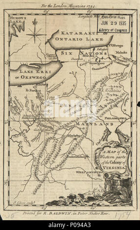 . English: Shows forts, trails, waterfalls, general locations of Native American tribes. Covers from Lake Ontario southwest to the New River. Relief shown by contours and pictorially. Prime meridian: Ferro. From The London Magazine or Gentleman's Intelligencer (June, 1754), vol. 23. LC Maps of North America, 1750-1789, 1426 In pencil in lower left margin: 35. Includes distances between some settlements. Available also through the Library of Congress Web site as a raster image.  . A map of the western parts of the colony of Virginia. 1754. Gibson, J. (John); Baldwin, R. (Robert); Gibson, J. 129 Stock Photo