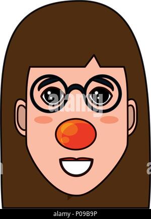 cartoon happy woman with glasses and clown nose icon over white background, vector illustration Stock Vector