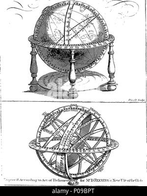 . English: Fleuron from book: A new and easy guide to the use of the globes; and the rudiments of geography. Wherein The Knowledge of the Heavens and Earth is made easy to the meanest Capacity: First, by giving a concise Account of the four Quarters of the World, with the Distance and Situation of the principal Islands and inland Places; and Secondly, by the Solution of upwards of Seventy useful Problems, in Geography, Astronomy, Navigation, and Dialling. In which are inserted four useful tables. I. Shews the Latitude of the principal Places, and their Longitude from the Meridian of London. II Stock Photo