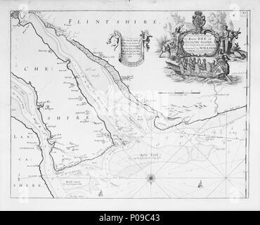 .  English: A new and exact survey of the River Dee or Chester Water dedicated and presented to his most scred Majti William the III King of Great Britain, France and Ireland by Capt. G. CollinsScale: 1:95,000 (bar). Charts of the north west coast of England, rivers Dee and Mersey, esturies. Rhumb lines. From Great Britains Coasting pilot. Has been conserved, on backing sheet. Chart of the River Dee (or Chesterwater)  . 1689. Captain Greenvile Collins 143 A new and exact survey of the River Dee or Chester Water dedicated and presented to his most scred Majti William the III King of Great Brita Stock Photo