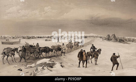 .  English: Print shows a distant view of bell tents at British military camps, as well as hospital tents, soldiers and a wagon hauling supplies toward the camps, the skeletal remains of an animal on the roadside, and men standing in the foreground, during winter.  .  English: The camp of the 1st Division, looking north towards the camp of the 2nd Division - the heights of Inkermann in the distance . [London] : Published by Paul & Dominic Colnaghi & Co., 13 & 14 Pall Mall East ; Paris : Goupil & Cie., 1855 March 19th (Day & Son, lithrs. to the Queen) 23 The camp of the 1st Division, looking no Stock Photo