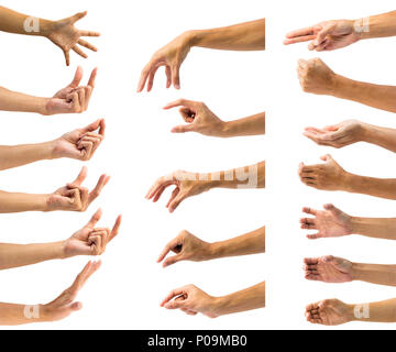 Clipping path of multiple male hand gesture isolated on white background. Isolation of hands gesturing or symbol on white background. Stock Photo