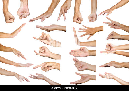 Clipping path of multiple male hand gesture isolated on white background. Isolation of hands gesturing or symbol on white background. Stock Photo