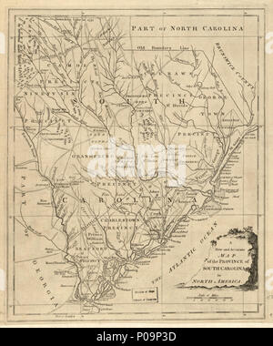 . English: Shows precincts, townships, towns, forts, roads, and trails, ferries, courthouses, landmarks, rivers, and creeks, harbors, islands, and shoals along the coast. Relief shown by hachures and pictorially. Mounted on cloth. From The Universal Magazine of knowledge and Pleasure (June, 1779), vol. 114. LC Maps of North America, 1750-1789, 1523 Available also through the Library of Congress Web site as a raster image.  . A new and accurate map of the province of South Carolina in North America.. 1779. Unknown 138 A new and accurate map of the province of South Carolina in North America. LO Stock Photo