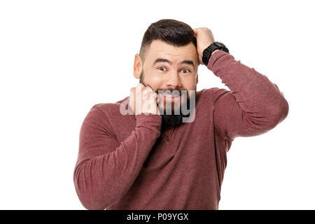 bearded football fan screaming on white background. Stock Photo