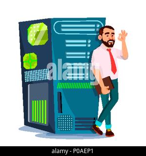 Data Center Vector. Hosting Server And Man. Storage Cloud. Network And Database. Isolated Flat Cartoon Illustration Stock Vector