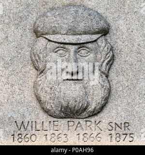 Willie Park Snr - a detail of a memorial plaque outside Musselburgh Old Course Golf Club which commemorates great Musselburgh Golfers. Stock Photo