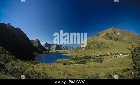 Panoramic view to Storvatnet and Litlvatnet lakes, Flakstadoya Island, Lofoten, Norway Stock Photo