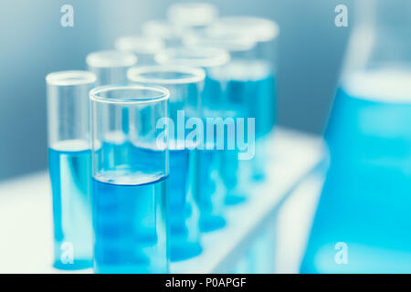 Science Chemical in glass tube blue color in research lab for sci background concept. Stock Photo