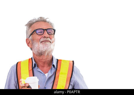 senior old man engineer worker smile and holding coffee cup isolated on white background Stock Photo