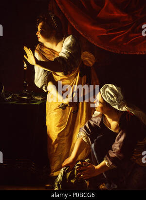 .  English: Judith and her servant pause, seeming to hear a noise outside Holofernes’ tent. The shadowy interior is theatrically illuminated by a single candle. Judith’s hand shields her face from the glow, drawing attention to Holofernes’ discarded iron gauntlet. The viewer’s eye travels to the object in the maidservant’s hands: Holofernes’ severed head. (smithsonian)  . Judith and her Maidservant . between circa 1623 and circa 1625 380 Artemisia Gentileschi Judith Maidservant DIA Stock Photo