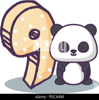 cute panda bear with number nine icon over white background, vector illustration Stock Vector