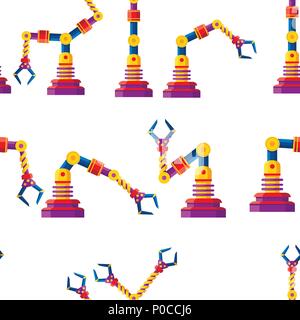 Seamless pattern. Collection of color robotic arms, hands. Vector robot icons collection. Industrial technology and factory symbols. Flat illustration Stock Vector