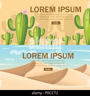 Green cactus with pink flower. Large cactus trees in desert. Cartoon vector illustration on desert background. Web site page and mobile app design. Pl Stock Vector