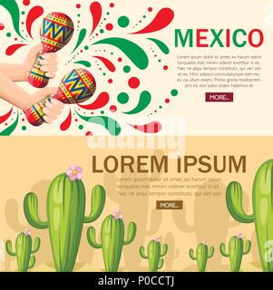 Hand holds colorful maracas. Green cactus with pink flower. Large cactus trees in desert. Cartoon vector illustration on desert background. Web site p Stock Vector
