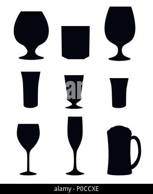 Black silhouette. Set of glasses, mugs and cups. Vector illustration isolated on white background. Stock Vector