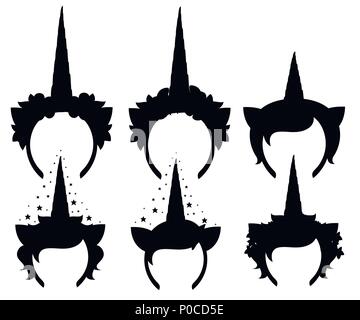 Black silhouette. Set of Unicorn tiaras with flowers and leaf. Vector fashion accessory headband. Vector illustration isolated on white background. Stock Vector