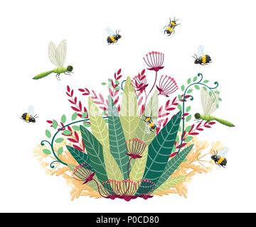 Green bush with fly insect. Cartoon style design. Bees and dragonflies with floral element. Flat vector illustration isolated on white background. Stock Vector
