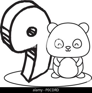 cute panda bear with number nine icon over white background, vector illustration Stock Vector