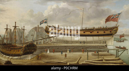 .  English: A Sixth-Rate on the Stocks The exact location of the shipyard in this painting is unclear but it may be on the south bank of the Thames at Rotherhithe. The ship in the foreground ready for launching is a 24-gun sloop of war, much in use by the Navy for patrolling around coasts in peace and war, and there is another ship in dry-dock to the left under repair with only the lower masts standing. In the foreground to the right some tree trunks are piled ready for use for shipbuilding and behind them two figures sit on ready-sawn planks. In the right forergound there is a small capstan-p Stock Photo