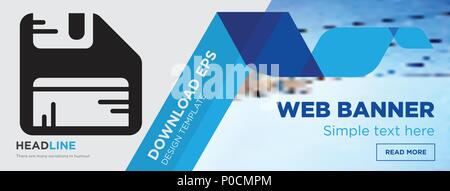 Diskette concept horizontal webpage banner template design on abstract background with flat modern isolated vector icon and geometric shapes. Stock Vector