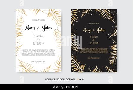 Vintage wedding invitation templates. Cover design with gold leaves ornaments. Stock Vector