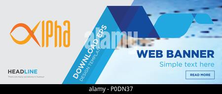 alpha concept horizontal webpage banner template design on abstract background with flat modern isolated vector icon and geometric shapes. Stock Vector