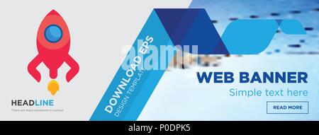 rocketship concept horizontal webpage banner template design on abstract background with flat modern isolated vector icon and geometric shapes. Stock Vector