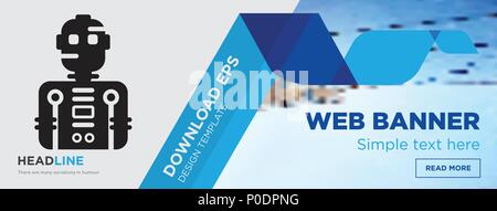 Robot concept horizontal webpage banner template design on abstract background with flat modern isolated vector icon and geometric shapes. Stock Vector